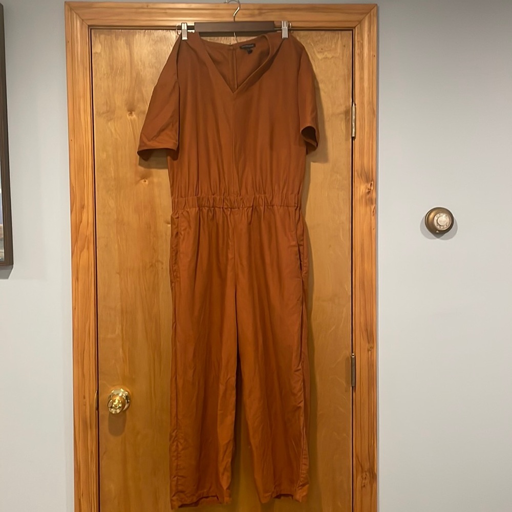 Eileen Fisher Cinnamon Linen V-Neck Jumpsuit Elastic Waist Relaxed Fit - Medium